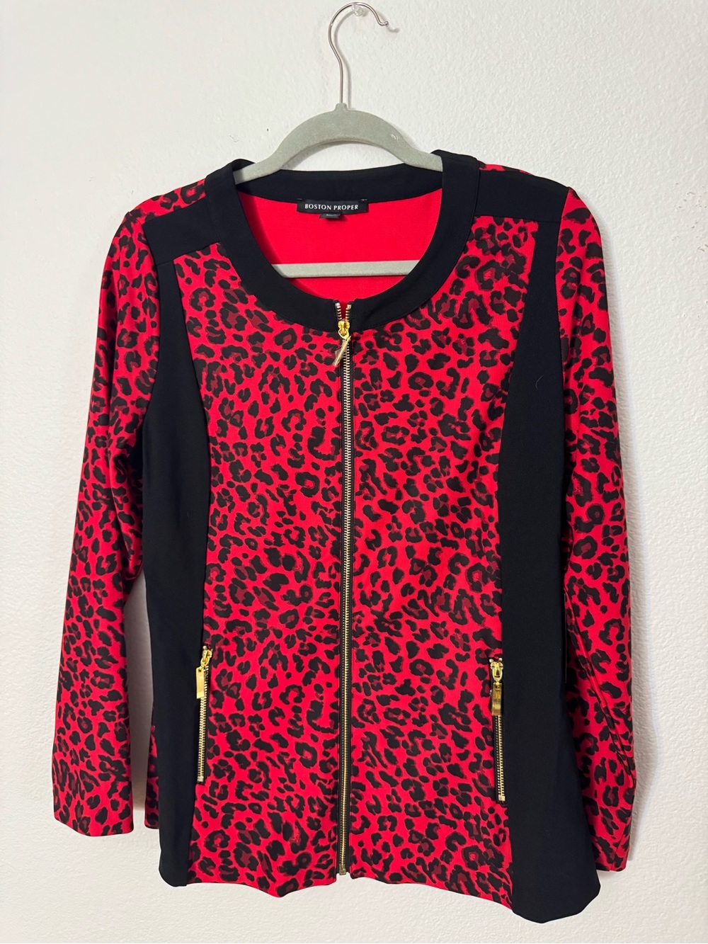 Boston Proper Red and Black Leopard-Print Zip Jacket